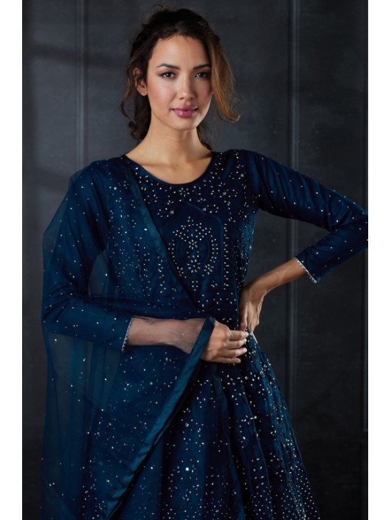 Navy Blue Net Embroidered Party Wear Gown