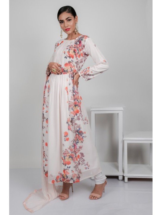 Off White Floral Printed A Line Georgette Suit