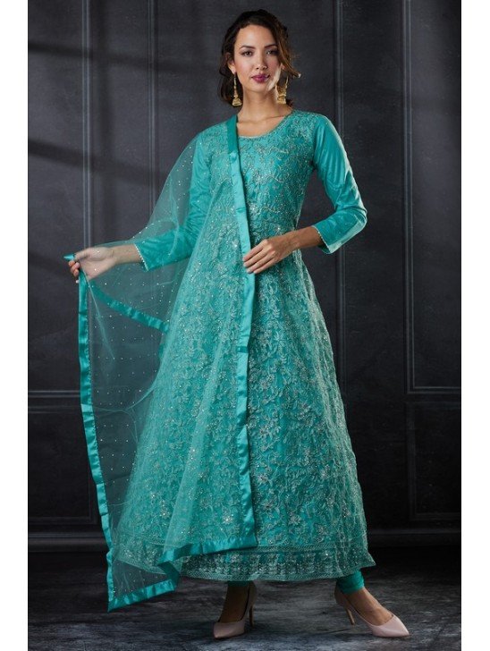 Ferozi Net Embroidered Indian Designer Anarkali Suit