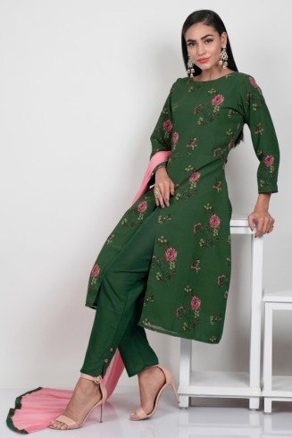 Green Floral Printed Readymade Casual Suit