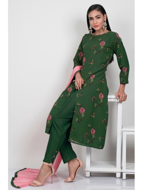 Green Floral Printed Readymade Casual Suit