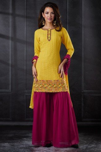Yellow & Hot Pink Indian Wedding Party Gharara Suit