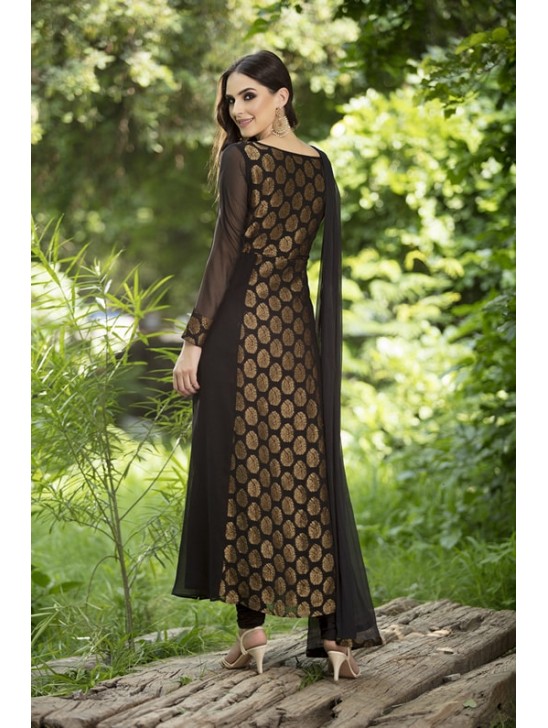 Black A Line Dress Gold Brocade Designer Suit  Anarkali Readymade