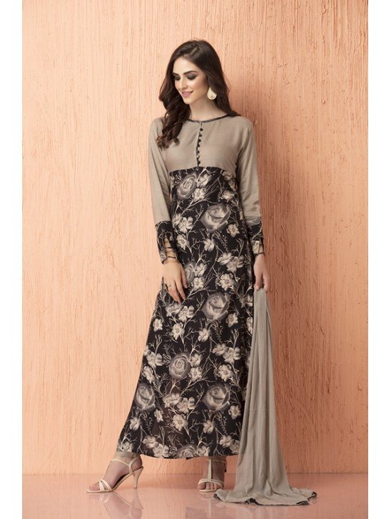 Floral Printed Dress Maxi Kaftan Black Grey Readymade Suit