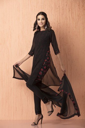 Black Floral Print Dress Gorgeous Design Readymade Suit