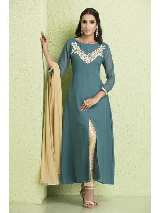 Aqua Gold Georgette Suit Ready to Wear Dress