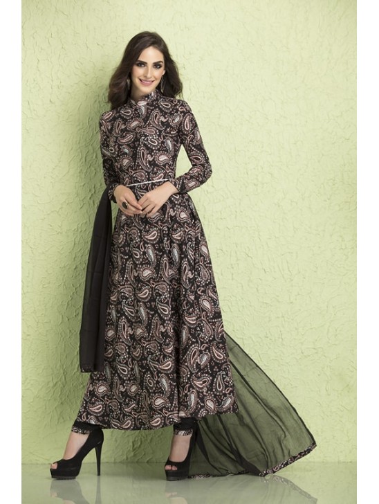 Black Anarkali Maxi Printed Dress Long Skater Readymade Suit