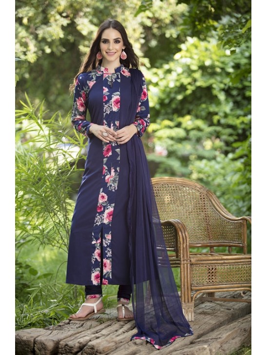 Blue Floral Printed Dress Princess Cut Readymade Anarkali Suit