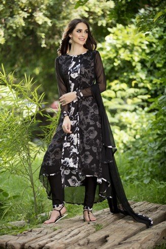 Black Jacket Printed Floral Dress Designer Wear Readymade Suit