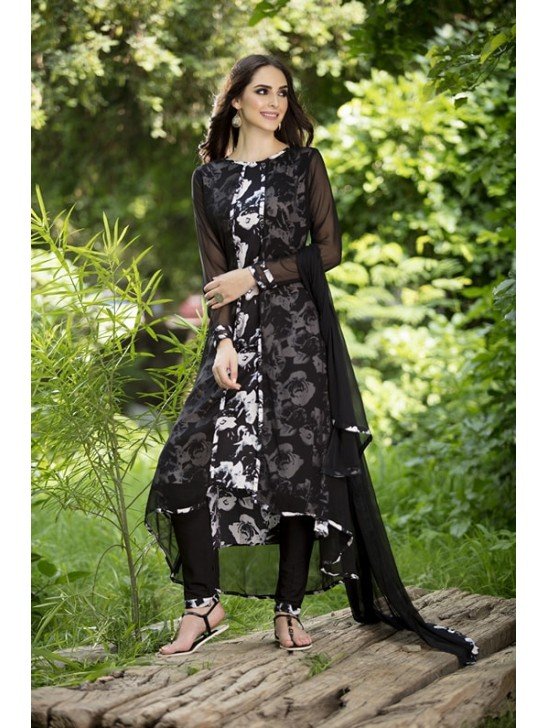 Black Jacket Printed Floral Dress Designer Wear Readymade Suit