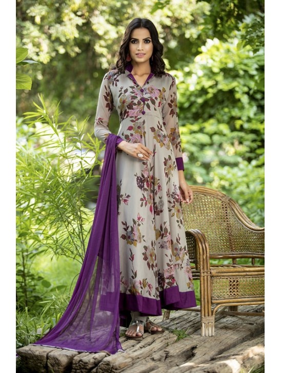 Grey Purple Chiffon Floral Printed A LIne Dress Readymade