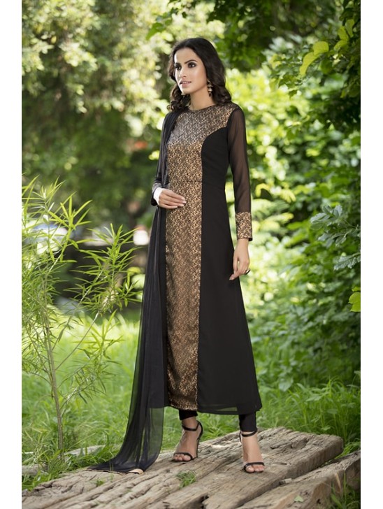 Black Anarkali Brocade Dress A Line Maxi Readymade