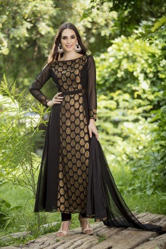 Black A Line Dress Gold Brocade Designer Suit  Anarkali Readymade