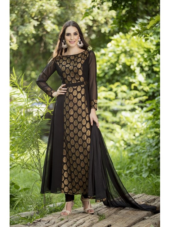 Black A Line Dress Gold Brocade Designer Suit  Anarkali Readymade