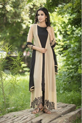 AC-147  BEIGE AND BLACK LONG JACKET WESTERN STYLE READY MADE SUIT