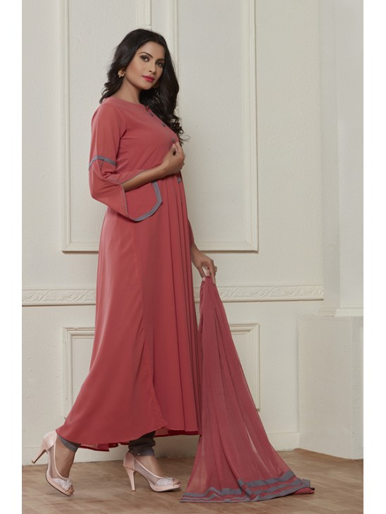 ROSE PINK TRENDY FULL FLARED READY MADE DRESS