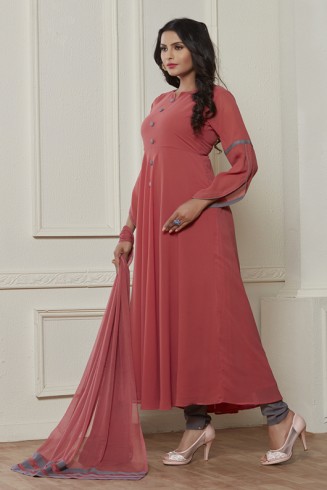 ROSE PINK TRENDY FULL FLARED READY MADE DRESS 