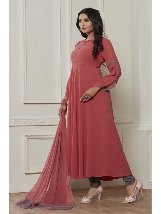 ROSE PINK TRENDY FULL FLARED READY MADE DRESS