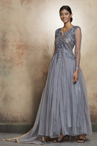 DAZZLING GREY LONG SHEER STYLE READY MADE INDIAN DRESS