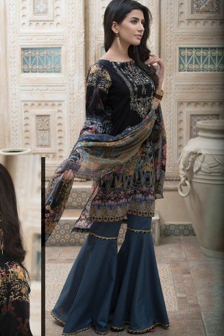 ZARS-100 BLACK PRINTED LAWN SUMMER FESTIVE GHARARA PENT SUIT