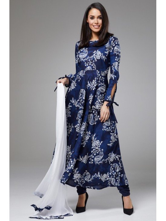 Navy Blue Printed Readymade Salwar Kameez