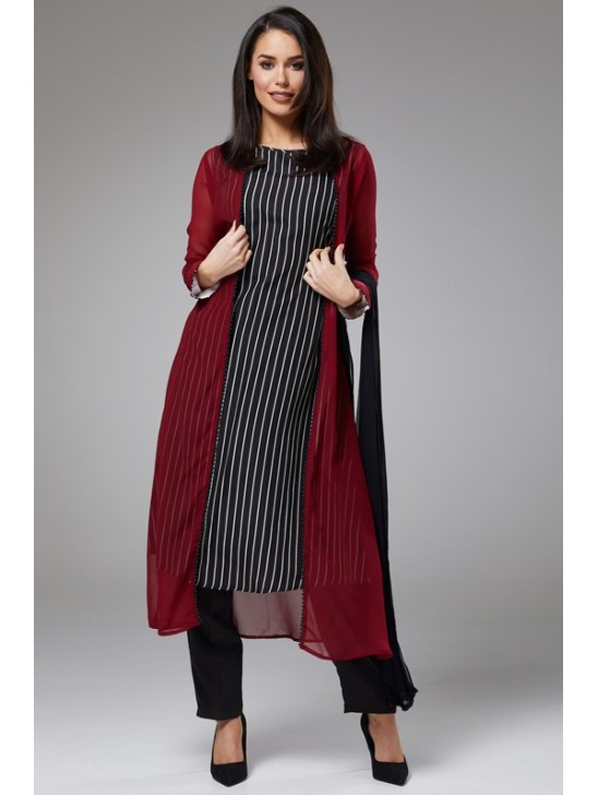 FIRED BRICK MAROON AND BLACK JACKET STYLE DESIGNER READY TO WEAR DRESS