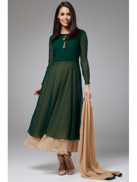 DARK GREEN DOUBLE FLARED GIRLS FROCK FOR MEHNDI/MAYOUN