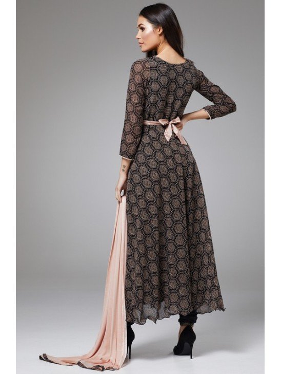 BROWN & PINK PRINTED INDIAN ANARKALI GOWN