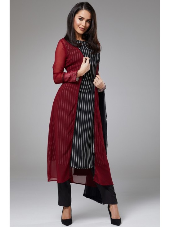 FIRED BRICK MAROON AND BLACK JACKET STYLE DESIGNER READY TO WEAR DRESS