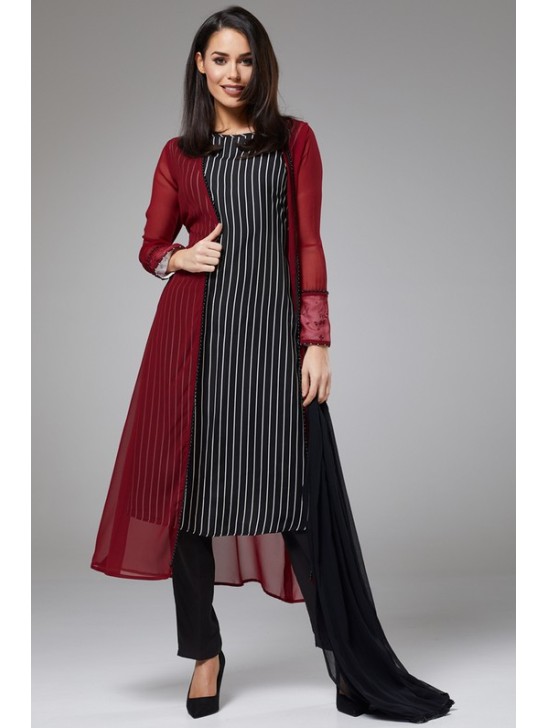 FIRED BRICK MAROON AND BLACK JACKET STYLE DESIGNER READY TO WEAR DRESS