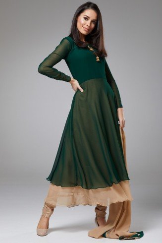 DARK GREEN DOUBLE FLARED GIRLS FROCK FOR MEHNDI/MAYOUN 