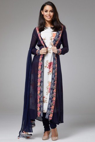 NAVY BLUE AND WHITE FLORAL INNER JACKET STYLE READYMADE DRESS