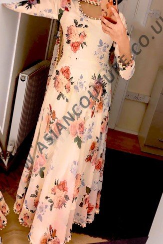 BEIGE FLORAL 3D PRINTED FLOOR LENGTH PAKISTANI DESIGNER OUTFIT