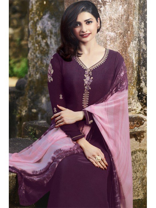 PURPLE READY TO WEAR INDIAN CHUIRDAAR SUIT WITH PRINTED DUPATTA