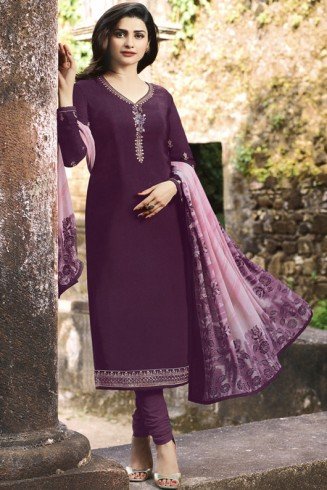 PURPLE READY TO WEAR INDIAN CHUIRDAAR SUIT WITH PRINTED DUPATTA