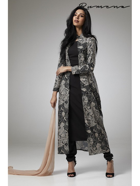 BLACK PRINTED JACKET STYLISH READY MADE DRESS