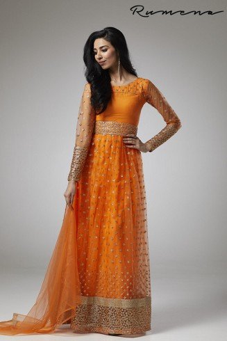 ORANGE FLARED STYLE MENDI WEAR READY MADE ANARKALI DRESS 