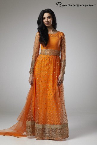 ORANGE FLARED STYLE MENDI WEAR READY MADE ANARKALI DRESS 