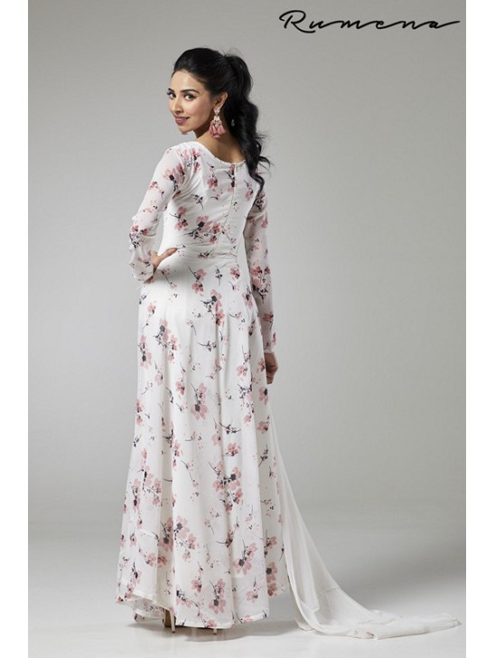 WHITE FLORAL LONG LENGTH READY MADE ANARKALI SUIT