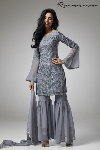 GREY GEORGETTE GHARARA PANTS STYLISH READY MADE SUIT