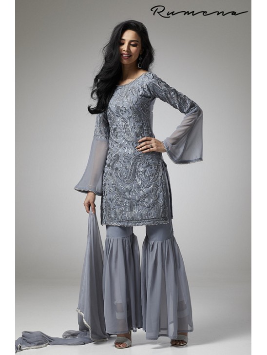 GREY GEORGETTE GHARARA PANTS STYLISH READY MADE SUIT