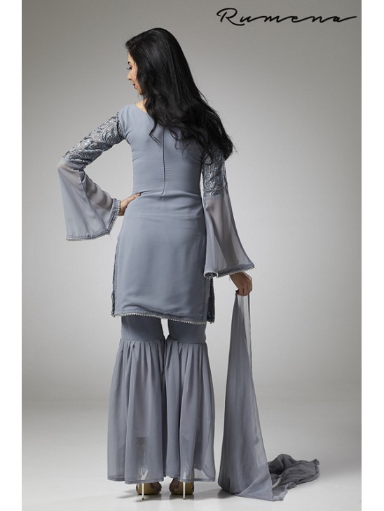 GREY GEORGETTE GHARARA PANTS STYLISH READY MADE SUIT