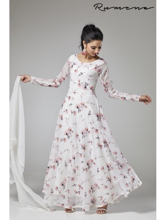 WHITE FLORAL LONG LENGTH READY MADE ANARKALI SUIT