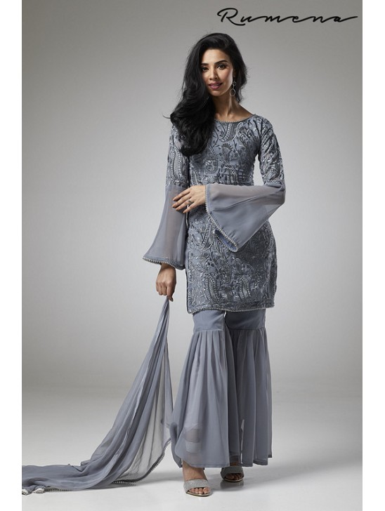 GREY GEORGETTE GHARARA PANTS STYLISH READY MADE SUIT