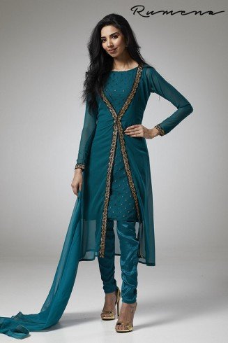 TEAL GREEN JACKET STYLE GEORGETTE READY MADE SUIT