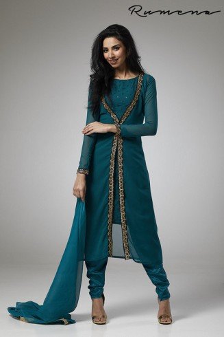 TEAL GREEN JACKET STYLE GEORGETTE READY MADE SUIT
