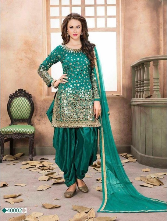 STUNNING TAPETA SILK MIRROR WORK PATIALA PUNJABI SUIT (SEMI STITCHED)