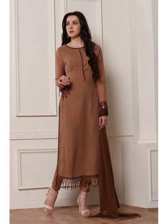 BROWN EMBROIDERED CUT WORK BORDERS READY MADE SALWAR SUIT