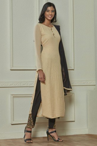 Beige & Black Pakistani Designer Party Suit