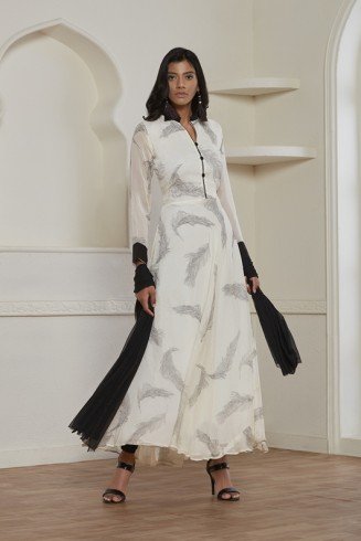 OFF WHITE PRINTED FLARED READY MADE WESTERN STYLE DRESS